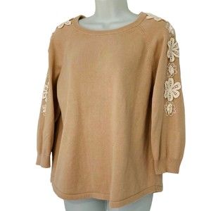 J Crew Women’s Size L Bisque Beige Sweater White Floral Crochet Appliqué